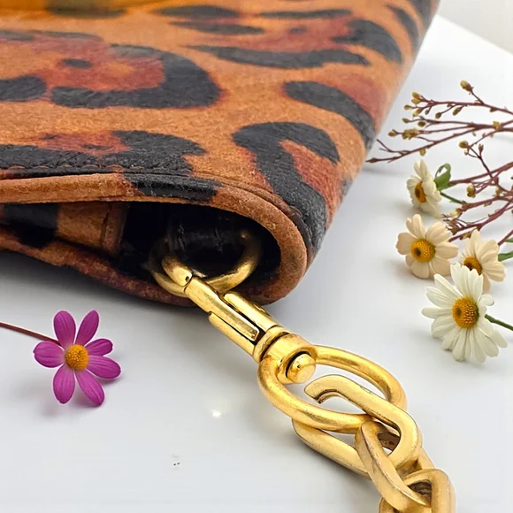 Tory Burch Ainsley Leopard Print Patent Leather Clutch Crossbody Gold Logo Bag - Picture 15 of 17